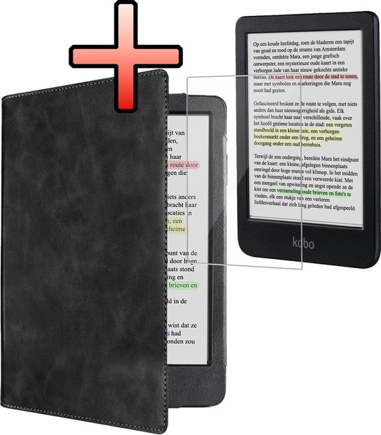 Hoes Geschikt voor Kobo Clara BW Leren Hoesje Bookcase Cover Book Case Hoes Sleepcover Leer Met Screenprotector - Zwart van EWENTY