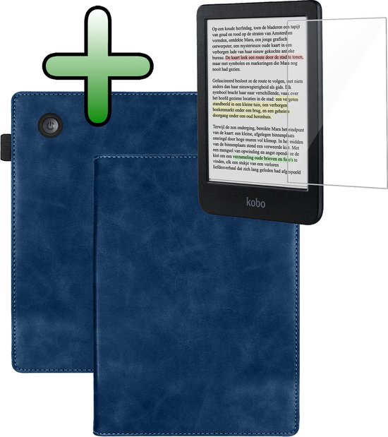 Hoes Geschikt voor Kobo Clara BW Leren Hoesje Bookcase Cover Hoes Met Screenprotector - Hoesje Geschikt voor Kobo Clara BW Hoes Cover Case Leer - Donkerblauw van FIFACLUB.