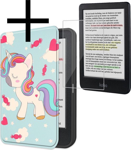 Hoes Geschikt voor Kobo Clara Colour Hoesje Bookcase Cover Book Case Hoes Sleepcover Met Screenprotector - Eenhoorn van Smartprotection