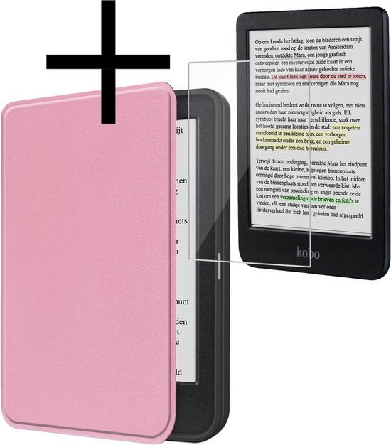 Hoes Geschikt voor Kobo Clara Colour Hoesje Bookcase Cover Book Case Hoes Sleepcover Met Screenprotector - Roze van Merkloos
