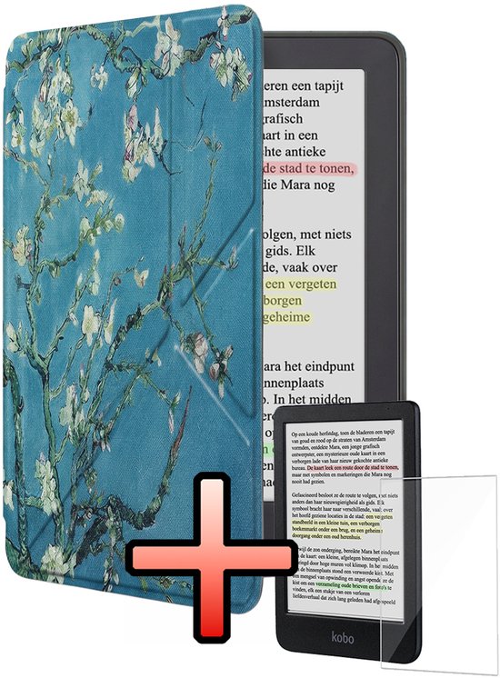 Hoes Geschikt voor Kobo Clara Colour Hoesje Bookcase Cover Book Case Hoes Sleepcover Trifold Met Screenprotector - Bloesem