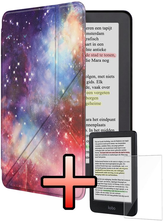 Hoes Geschikt voor Kobo Clara Colour Hoesje Bookcase Cover Book Case Hoes Sleepcover Trifold Met Screenprotector - Galaxy