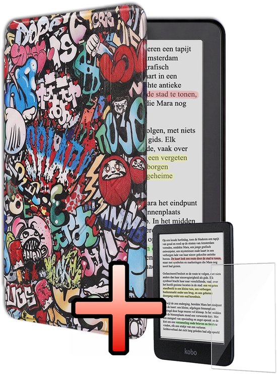 Hoes Geschikt voor Kobo Clara Colour Hoesje Bookcase Cover Book Case Hoes Sleepcover Trifold Met Screenprotector - Graffity