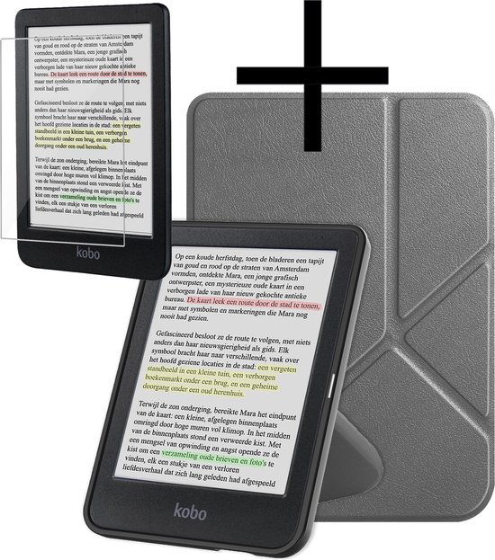 Hoes Geschikt voor Kobo Clara Colour Hoesje Bookcase Cover Book Case Hoes Sleepcover Trifold Met Screenprotector - Grijs van FBBULES