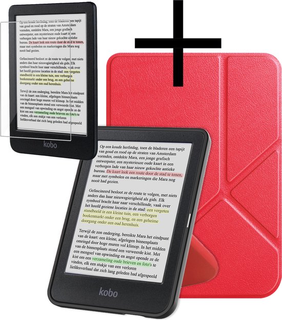 Hoes Geschikt voor Kobo Clara Colour Hoesje Bookcase Cover Book Case Hoes Sleepcover Trifold Met Screenprotector - Rood van FictionDisplay