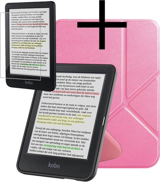 Hoes Geschikt voor Kobo Clara Colour Hoesje Bookcase Cover Book Case Hoes Sleepcover Trifold Met Screenprotector - Roze van Duxducis