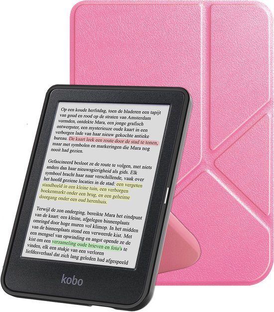 Hoes Geschikt voor Kobo Clara Colour Hoesje Bookcase Cover Book Case Hoes Sleepcover Trifold - Roze van Merkloos