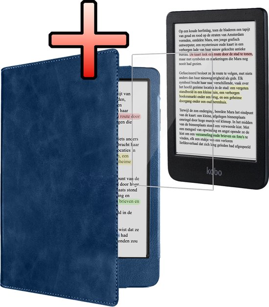 Hoes Geschikt voor Kobo Clara Colour Leren Hoesje Bookcase Cover Book Case Hoes Sleepcover Leer Met Screenprotector - Donkerblauw van Merkloos