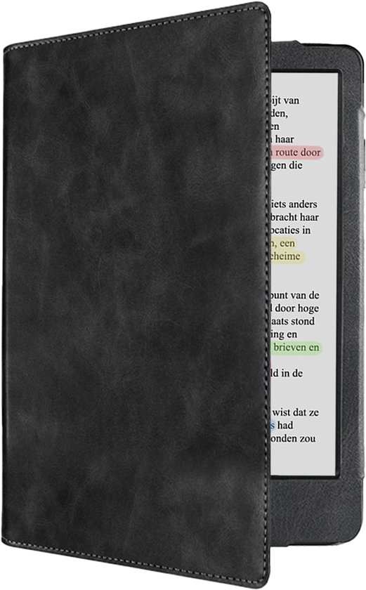 Hoes Geschikt voor Kobo Clara Colour Leren Hoesje Bookcase Cover Book Case Hoes Sleepcover Leer - Zwart van EchtLeer