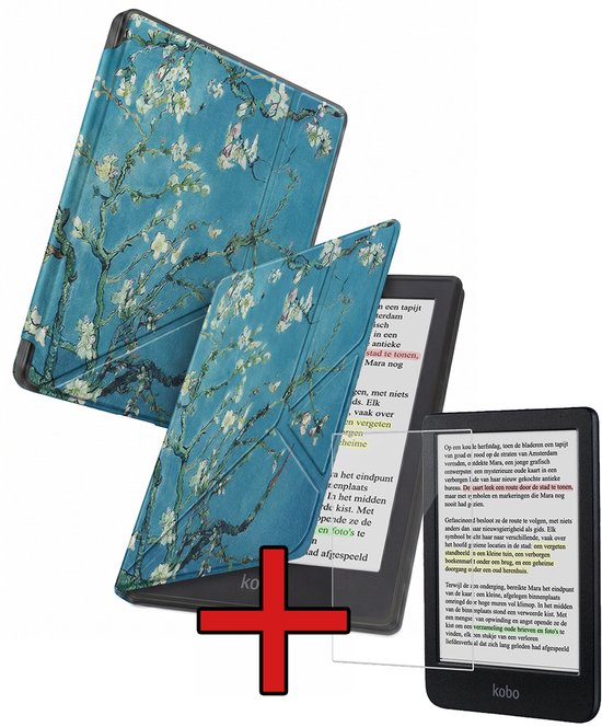 Hoes Geschikt voor Kobo Clara Colour - Met Screenprotector - Luxe E-reader Trifold Case - Bescherm Hoesje Book Cover - Bloesem