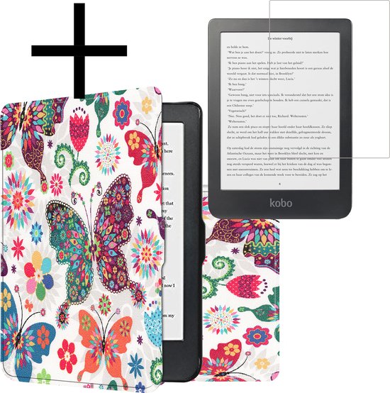 Hoes Geschikt voor Kobo Clara HD Hoesje Bookcase Cover Book Case Hoes Sleepcover Met Screenprotector - Vlinders van Casipouwer
