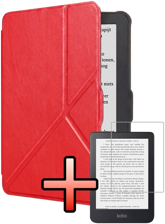 Hoes Geschikt voor Kobo Clara HD Hoesje Bookcase Cover Book Case Hoes Sleepcover Trifold Met Screenprotector - Rood