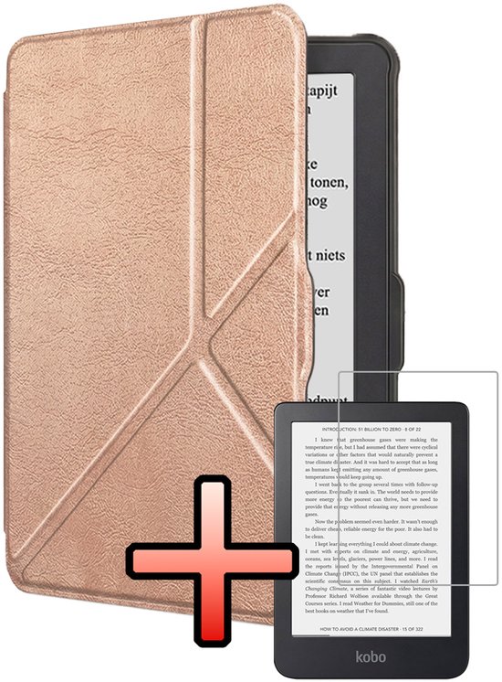 Hoes Geschikt voor Kobo Clara HD Hoesje Bookcase Cover Book Case Hoes Sleepcover Trifold Met Screenprotector - Rosé Goud