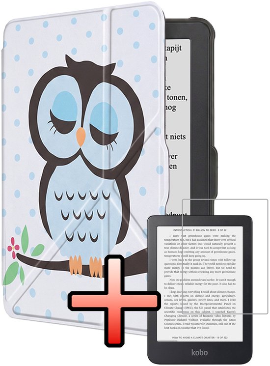 Hoes Geschikt voor Kobo Clara HD Hoesje Bookcase Cover Book Case Hoes Sleepcover Trifold Met Screenprotector - Uil