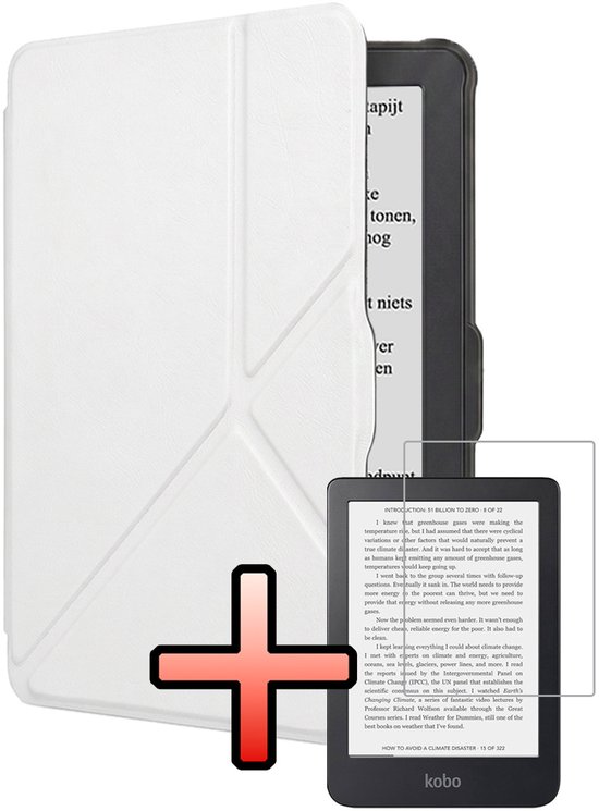 Hoes Geschikt voor Kobo Clara HD Hoesje Bookcase Cover Book Case Hoes Sleepcover Trifold Met Screenprotector - Wit