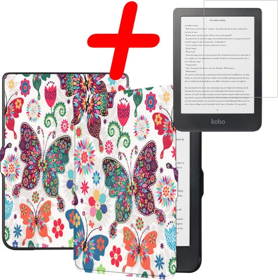 Hoes Geschikt voor Kobo Clara HD Hoesje Bookcase Cover Hoes Met Screenprotector - Hoesje Geschikt voor Kobo Clara HD Hoes Cover Case - Vlinders van Ekatrine