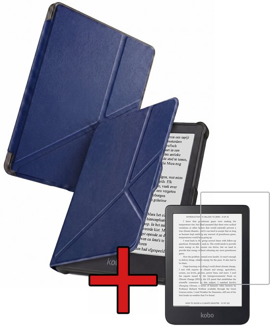Hoes Geschikt voor Kobo Clara HD - Met Screenprotector - Luxe E-reader Trifold Case - Bescherm Hoesje Book Cover - Donkerblauw