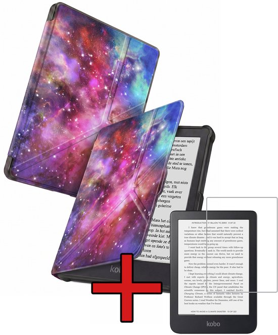 Hoes Geschikt voor Kobo Clara HD - Met Screenprotector - Luxe E-reader Trifold Case - Bescherm Hoesje Book Cover - Galaxy