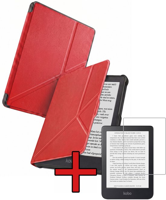 Hoes Geschikt voor Kobo Clara HD - Met Screenprotector - Luxe E-reader Trifold Case - Bescherm Hoesje Book Cover - Rood