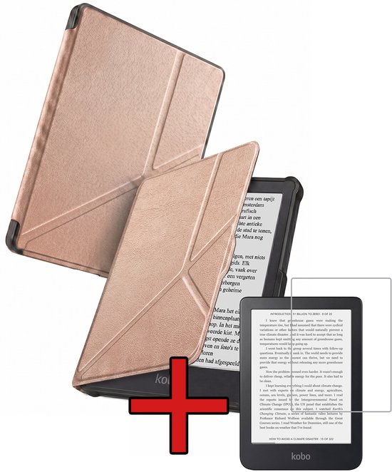 Hoes Geschikt voor Kobo Clara HD - Met Screenprotector - Luxe E-reader Trifold Case - Bescherm Hoesje Book Cover - Rosé Goud