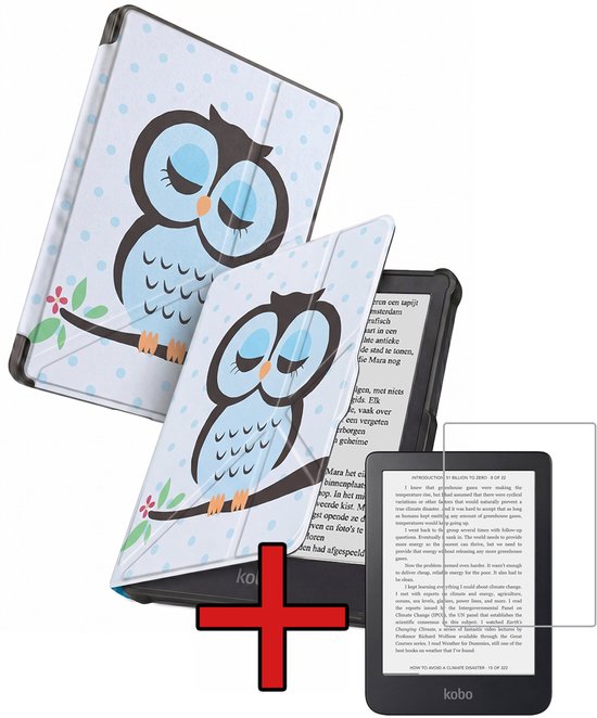 Hoes Geschikt voor Kobo Clara HD - Met Screenprotector - Luxe E-reader Trifold Case - Bescherm Hoesje Book Cover - Uil
