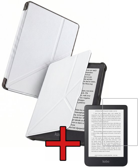 Hoes Geschikt voor Kobo Clara HD - Met Screenprotector - Luxe E-reader Trifold Case - Bescherm Hoesje Book Cover - Wit