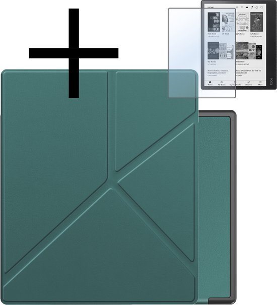 Hoes Geschikt voor Kobo Elipsa 2E Hoesje Bookcase Cover Book Case Hoes Sleepcover Trifold Met Screenprotector - Donkergroen van FMP Brands.