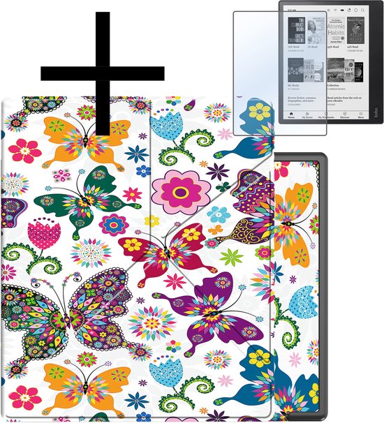 Hoes Geschikt voor Kobo Elipsa 2E Hoesje Bookcase Cover Book Case Hoes Sleepcover Trifold Met Screenprotector - Vlinders van EWOO₪SOX®