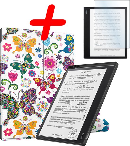 Hoes Geschikt voor Kobo Elipsa 2E Hoesje Bookcase Cover Hoes Trifold Met Screenprotector - Hoesje Geschikt voor Kobo Elipsa 2E Hoes Cover Case - Vlinders van MMOBIEL