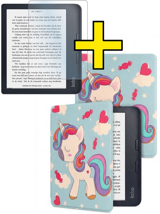 Hoes Geschikt voor Kobo Libra 2 - E-reader Bescherm Hoesje Case Sleep Cover Met Screenprotector - Hoes Geschikt voor Kobo Libra 2 Hoesje - Eenhoorn