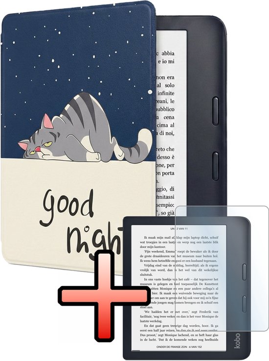 Hoes Geschikt voor Kobo Libra 2 Hoesje Bookcase Cover Book Case Hoes Sleepcover Met Screenprotector - Kat