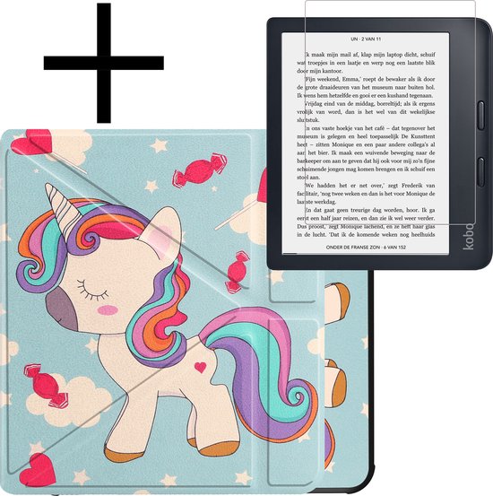 Hoes Geschikt voor Kobo Libra 2 Hoesje Bookcase Cover Book Case Hoes Sleepcover Trifold Met Screenprotector - Eenhoorn van FableCharm