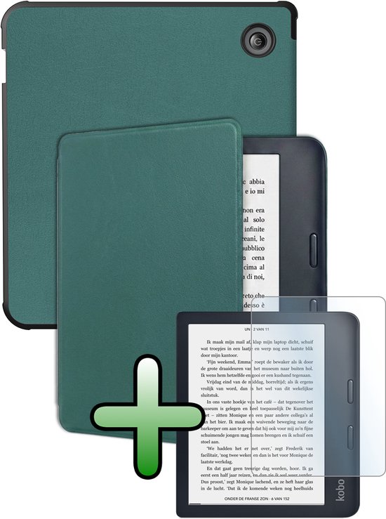Hoes Geschikt voor Kobo Libra 2 Hoesje Bookcase Cover Hoes Met Screenprotector - Hoesje Geschikt voor Kobo Libra 2 Hoes Cover Case - Donkergroen