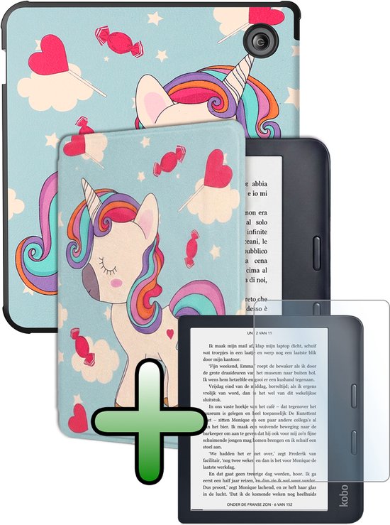 Hoes Geschikt voor Kobo Libra 2 Hoesje Bookcase Cover Hoes Met Screenprotector - Hoesje Geschikt voor Kobo Libra 2 Hoes Cover Case - Eenhoorn