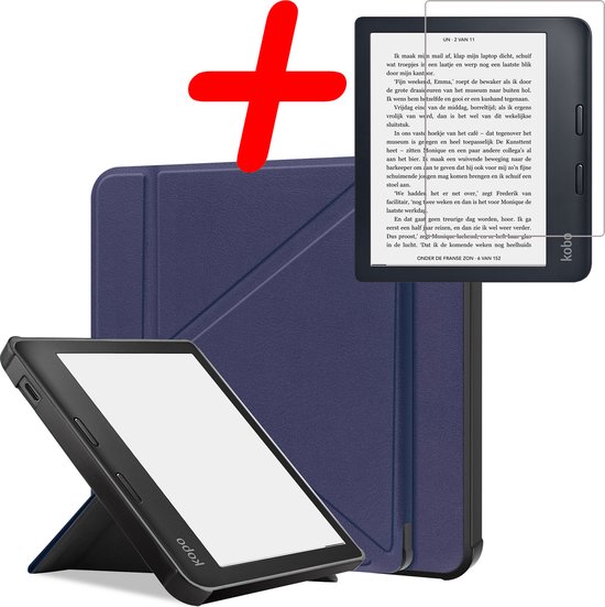 Hoes Geschikt voor Kobo Libra 2 Hoesje Bookcase Cover Hoes Trifold Met Screenprotector - Hoesje Geschikt voor Kobo Libra 2 Hoes Cover Case - Donkerblauw van Tomsonix