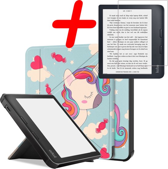 Hoes Geschikt voor Kobo Libra 2 Hoesje Bookcase Cover Hoes Trifold Met Screenprotector - Hoesje Geschikt voor Kobo Libra 2 Hoes Cover Case - Eenhoorn van i12Cover