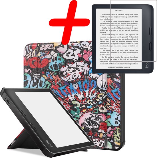 Hoes Geschikt voor Kobo Libra 2 Hoesje Bookcase Cover Hoes Trifold Met Screenprotector - Hoesje Geschikt voor Kobo Libra 2 Hoes Cover Case - Graffity van Mobigear
