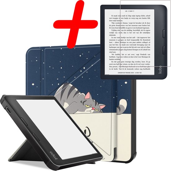 Hoes Geschikt voor Kobo Libra 2 Hoesje Bookcase Cover Hoes Trifold Met Screenprotector - Hoesje Geschikt voor Kobo Libra 2 Hoes Cover Case - Kat van Just in Case