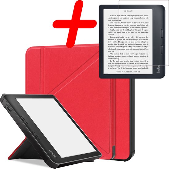 Hoes Geschikt voor Kobo Libra 2 Hoesje Bookcase Cover Hoes Trifold Met Screenprotector - Hoesje Geschikt voor Kobo Libra 2 Hoes Cover Case - Rood van FVCAM