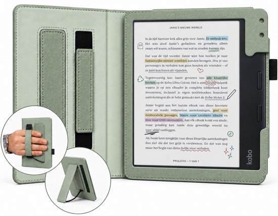 Hoes geschikt voor Kobo Libra Colour - Book Case met Handgreep & Kickstand - Auto/Wake - Groen
