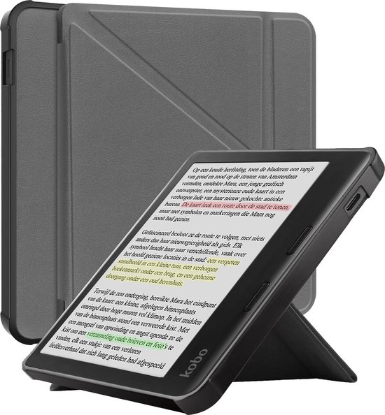 Hoes geschikt voor Kobo Libra Colour - E-reader hoesje - Bookcase cover - Beschermhoes - Trifold - Tablet case - Grijs - Jonyx