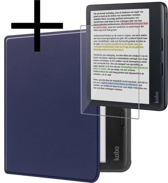 Hoes Geschikt voor Kobo Libra Colour Hoesje Bookcase Cover Book Case Hoes Sleepcover Met Screenprotector - Donkerblauw van E-Strong