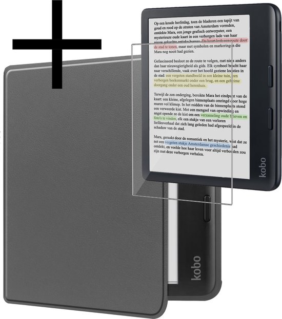 Hoes Geschikt voor Kobo Libra Colour Hoesje Bookcase Cover Book Case Hoes Sleepcover Met Screenprotector - Grijs van Rocketbook