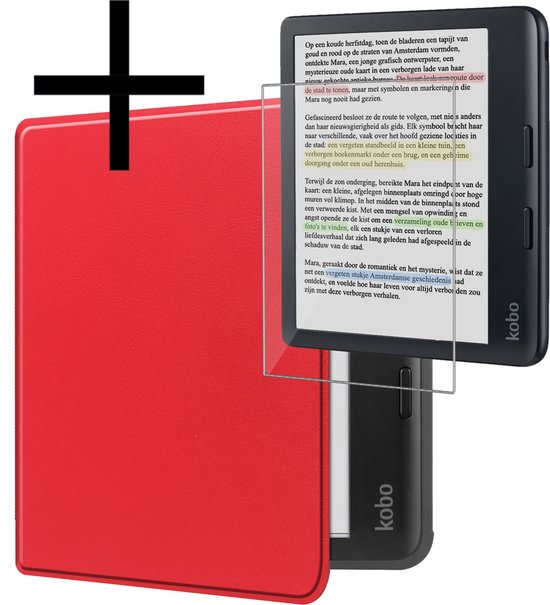 Hoes Geschikt voor Kobo Libra Colour Hoesje Bookcase Cover Book Case Hoes Sleepcover Met Screenprotector - Rood van FBBRIK
