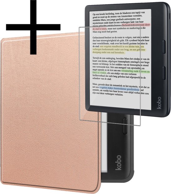 Hoes Geschikt voor Kobo Libra Colour Hoesje Bookcase Cover Book Case Hoes Sleepcover Met Screenprotector - Rosé Goud van FEST詳細
