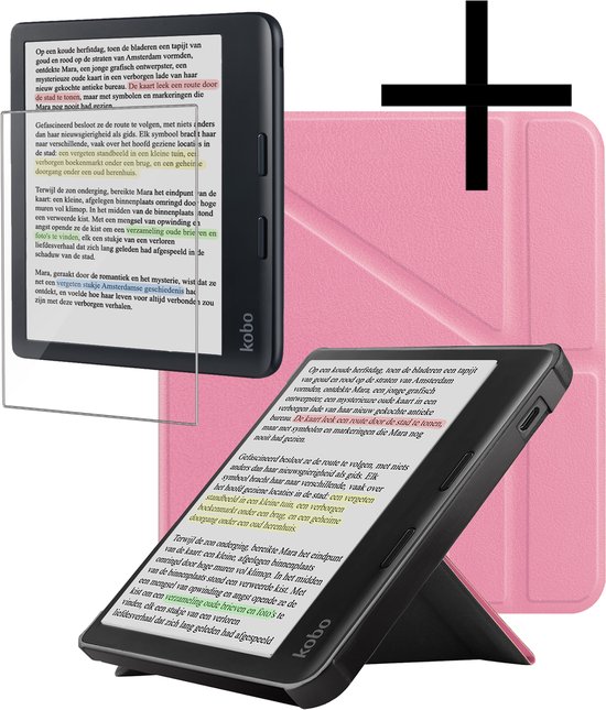 Hoes Geschikt voor Kobo Libra Colour Hoesje Bookcase Cover Book Case Hoes Sleepcover Met Screenprotector - Roze van Merkloos