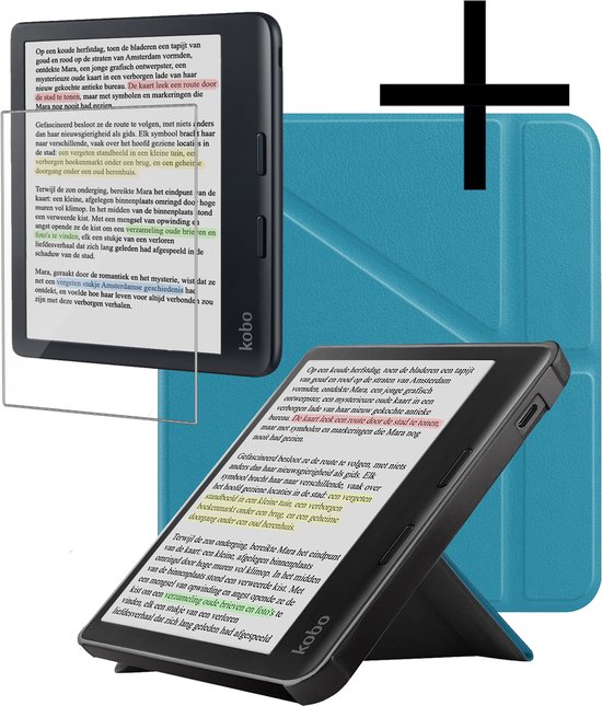 Hoes Geschikt voor Kobo Libra Colour Hoesje Bookcase Cover Book Case Hoes Sleepcover Met Screenprotector - Turquoise van Merkloos