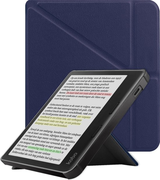 Hoes Geschikt voor Kobo Libra Colour Hoesje Bookcase Cover Book Case Hoes Sleepcover Trifold - Donkerblauw van Echt-Hoesje