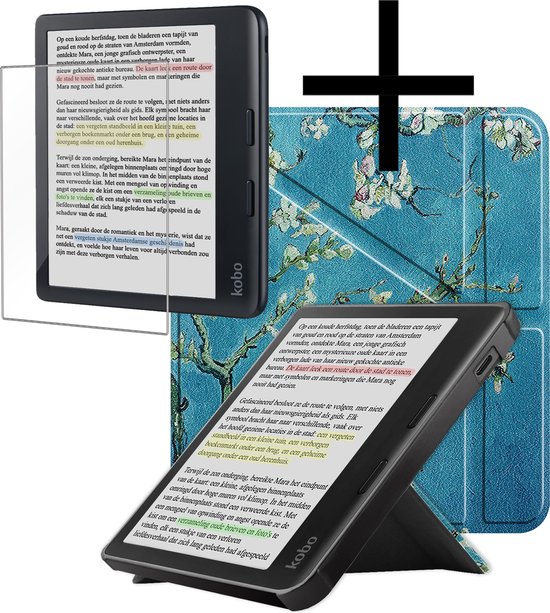 Hoes Geschikt voor Kobo Libra Colour Hoesje Bookcase Cover Book Case Hoes Sleepcover Trifold Met Screenprotector - Bloesem van Mobigear