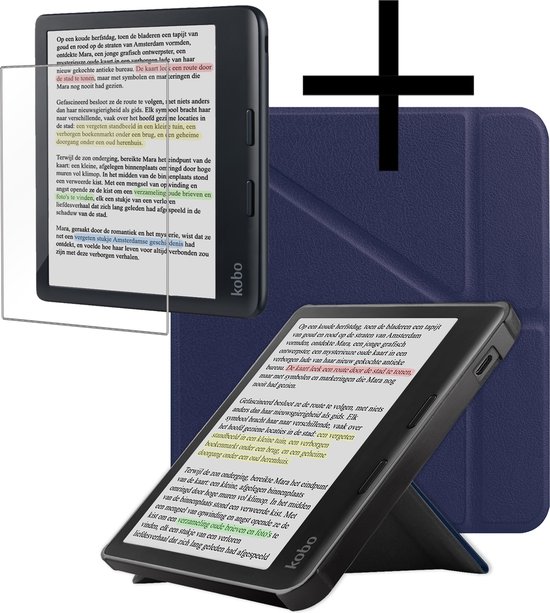 Hoes Geschikt voor Kobo Libra Colour Hoesje Bookcase Cover Book Case Hoes Sleepcover Trifold Met Screenprotector - Donkerblauw van Casylt